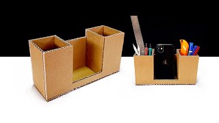 DIY Desktop Organizer & Phone From cardboard | Cardboard Crafts | สอนทำกล่องใส่ดินสอ ปากกา มือถือ