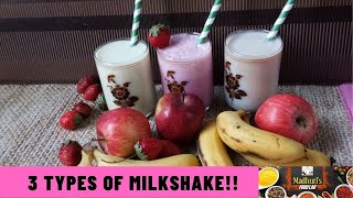 3 types of Milkshakes without Ice Cream | Milkshake Recipe | summer recipes |Apple|Banana|Strawberry