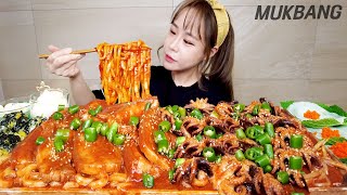 SUB) 땡초듬뿍 불쭈꾸미🔥삼겹살 & 우동사리 주먹밥 ft.맥주 먹방 SPICY WEBFOOT OCTOPUS WITH PORK BELLY REAL SOUND ASMR MUKBANG