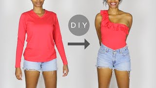 DIY Ruffled One-Shoulder Top From a Basic T-shirt (Easy Sewing!)