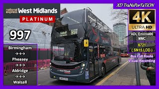 [National Express West Midlands] 997 ~ Birmingham, Priory Square ➝ Walsall Bus Station【4K UW】