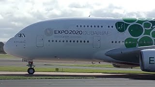 Emirates A380 (Expo 2020 green) livery landing, taxi and takeoff at Manchester Airport