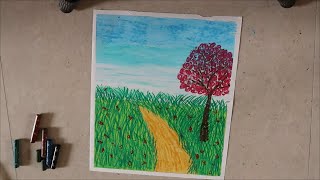 Field Nature Drawing With Pink Leaves Tree By Oil Pastel Drawing