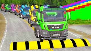 Double Flatbed Trailer Truck vs speed bumps|Busses vs speed bumps|Beamng Drive|BEAMNG4K