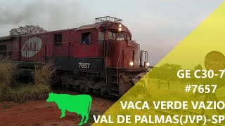 Trem de celulose "vaca verde" vazio passando por Val de Palmas(JVP)-SP.