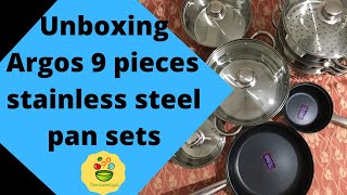 Argos 9 pieces stainless steel pan sets unboxing