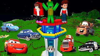 MCQEEN , MATER , sally , Doc Hudson vs Paw Patrol House jj and mikey challenge in Minecraft - Maizen