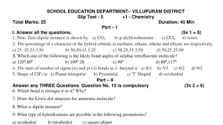 11th Chemistry slip test 5 Question paper Villupuram District 2024