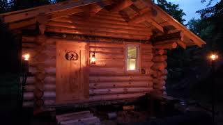 (first light) Off grid log cabin build Solo overnight Episode 32