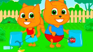 Familia de Gatos - Limpiamos el parque Dibujos Animados Para Niños