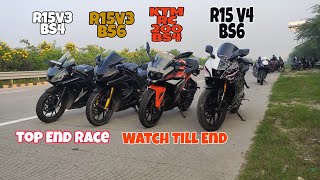 R15V3 BS6 vs R15V4 vs KTM RC200 BS4 vs R15V3 BS4 Top End Race #ktm #r15v3 #r15m #viral #dragrace