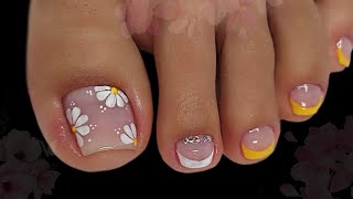 UÑAS PARA PIES DECORADAS CON FRANCÉS Y FLORES ELEGANTES Y SENCILLAS 🌺💅