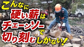 【硬い薪】をチェーンソーで切り刻む！薪棚を使わない積み方！