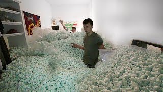 FILLED HIS ROOM W/100,000 PACKING PEANUTS!!