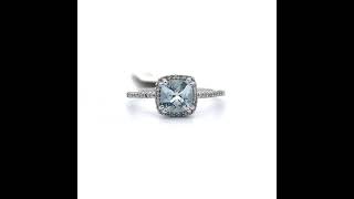 Cushion Cut Aquamarine & Pavé Diamond Halo Ring in White Gold