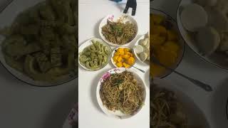 stir fried noodles with pork,chives and garlic sauce ,mango,steamed egg,potato and taro,bitter gourd