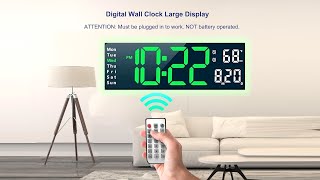 13 Inch Large Wall Clock with Remote Control,  Automatic Brightness Dimmer LED Clock , Black Green