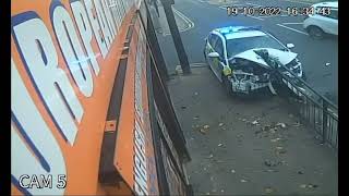 Police car collides with vehicle and ploughs into railing in Oldham