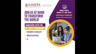 Admission Open at Amrita Center for Nanosciences and Molecular Medicine for the year 2021-2022!