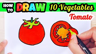 How to draw 10 Vegetables! | Tomato | Vegetable Drawing for Kids | Step by Step