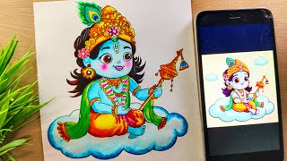 Unique cutest little krishna drawing 💞| step by step colour | with Doms brush pen 😍