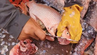 Skillful Fish seller cutting fish at the market, Life is worth, Market life