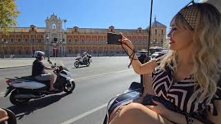 4k Granate styling, touristic sightseeing #Sevilla, #Espana, in horse carriage, minidress, stockings