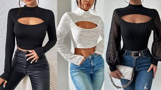 HOW TO MAKE A TURTLE-NECK CROP TOP WITH KEYHOLE NECKLINE CutOut Front Turtleneck Cutting & Stitching