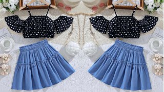 Beautiful Cold Shoulder Butterfly Sleeve Baby Top With Paperbag Waist Skirt Cutting and Stitching