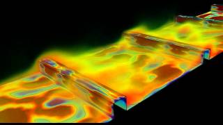 Unsteady evolution of temperature and heat flux in a heated ribbed channel (AVBP - CERFACS).