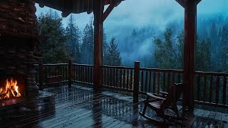 Heavy rain and thunder outside cozy Porch | Rain and fireplace sounds for relaxation, good sleep