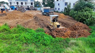 Excellent Work For Filling Land Delete The Grass, Bulldozer Pushing And Dump Truck Unloading Soil