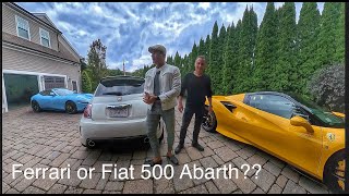 Ferrari F8 vs Fiat 500 Abarth, 20 years Ferrari owner driving Fiat Abarth reaction.