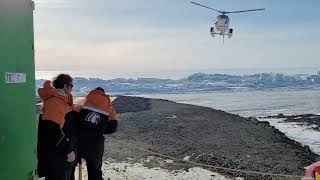 Helicopter landing at Scott Base.