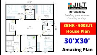 30'X30' House Plan - 900Sft Floor Plan, 3BHK - Architectural Design - Autocad Step by Step Learning