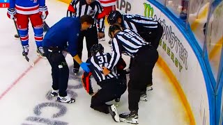 Michael Markovic Referee hit w/ Puck By Braden Schneider | Rangers vs Red Wings 2024 NHL Highlight