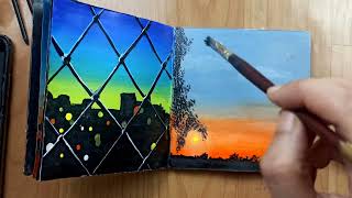 Easy Sunset Bird Tree acrylic painting| sunset painting for beginners| Orange sky & tree painting