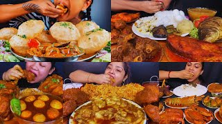 Eating Puri Aloo Dum, Varieties of Fish Curry, Mutton Fat Curry, Egg Curry, Whole Chicken Curry🔥🤤