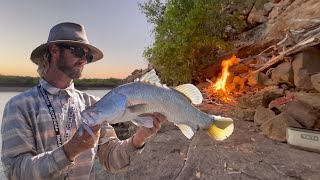 Barramundi cooked on the cliffs of a remote Kimberly river.