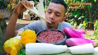 MUKBANG RUJAK TERONG JUMBO, SINGKONG MENTAH, MANGGA ARUMANIS + SAMBAL TERASI. #terongjumbo #asmr