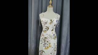 My MovieVintage Floral Print Cream Adjust Lacing up Spaghetti Strap Midi Dress