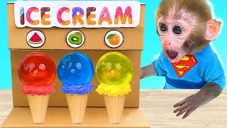 Monkey Baby Bon Bon Plays with Colorful Ice Cream Vending Machine and Go swimming with ducklings