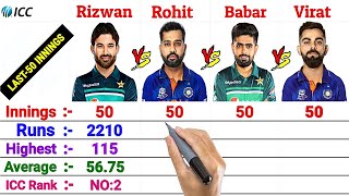 Last 50 Innings : Babar Azam vs Virat Kohli vs Rohit Sharma vs Mohammad Rizwan Batting Comparison