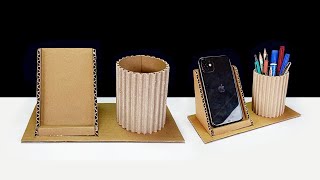 Desktop Organizer & Phone From cardboard | Cardboard Crafts | สอนทำกล่องใส่ดิเครื่องเขียน และมือถือ