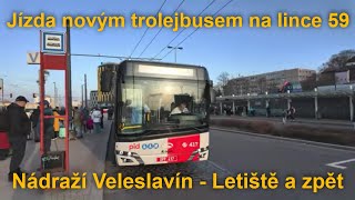 Projeďte se linkou 59 v novém trolejbusu, Nádr. Veleslavín - Letiště a zpět, 6.3.2024 | 4K HDR