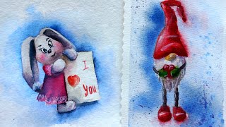 Валентинка своими руками - рисуем зайку  акварелью. Watercolor Valentine cards - tutorial.