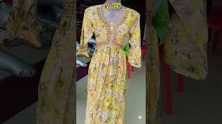 Lemon Yellow Aliacut Embroidery work Kurtis @ShreeSarrees