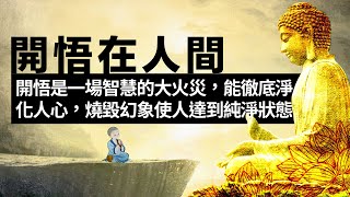 開悟在人間，開悟是個人意識與宇宙法則的融合，放下自我、消除恐懼和擔憂，而體驗敬拜、感恩、快樂和愛。開悟是一場智慧的大火災，能夠徹底淨化人心，燒毀幻象，使人達到純淨的狀態。