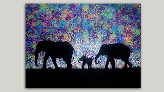 Acrylic Painting: Elephant Family Silhouette on an Abstract Canvas Painting