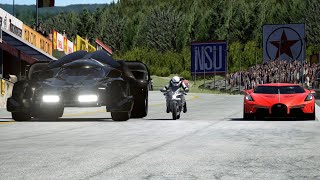 Kawasaki Ninja H2 vs Batmobile vs Bugatti La Voiture Noire at Old SPA